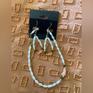 Vintage Jade, Coral, and Mother of Pearl Earrings & Necklace